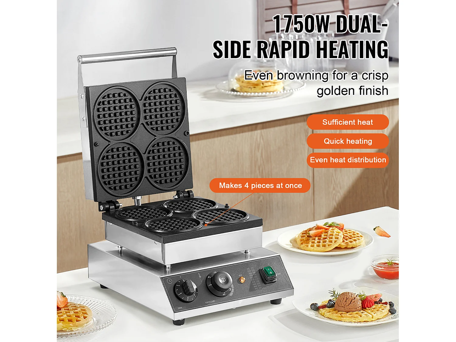 Gewerblicher Waffeleisen SucceBuy, 4 Runde Stücke, 1750 W, Antihaftbeschichtet, aus Edelstahl, Temperatur- und Zeitsteuerung, für Restaurant