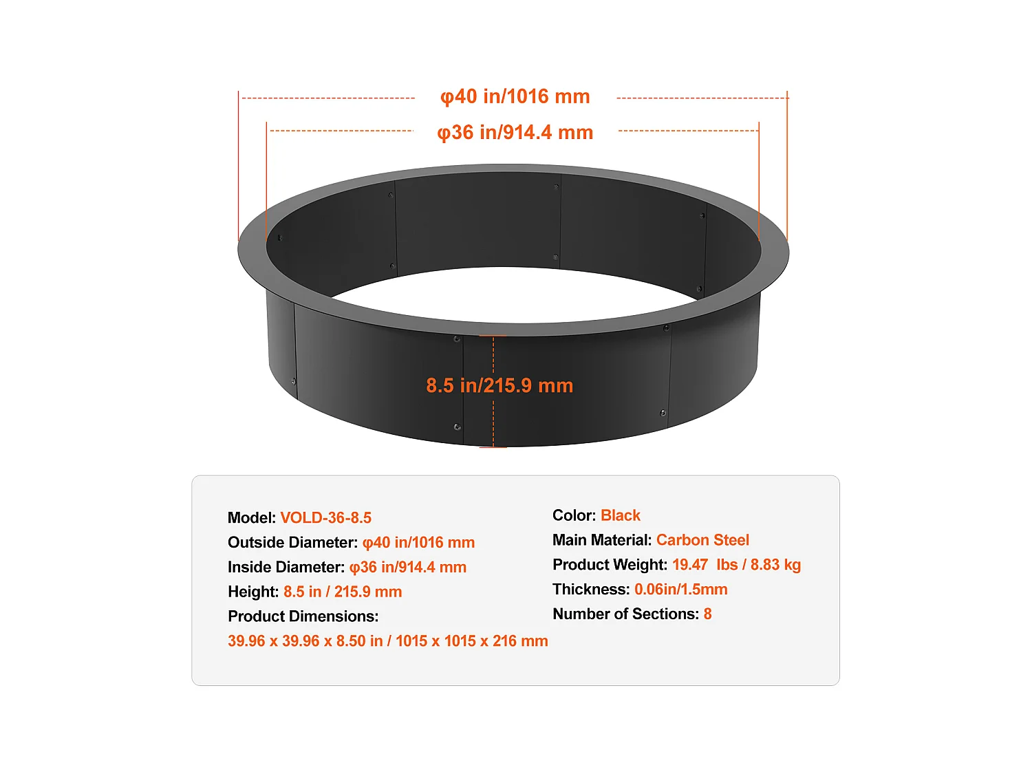 Braciere SucceBuy Anello di Focolare Rotondo in Acciaio, Diametro Esterno 1016 mm, Interno 914,4 mm, per Campeggio all'Aperto