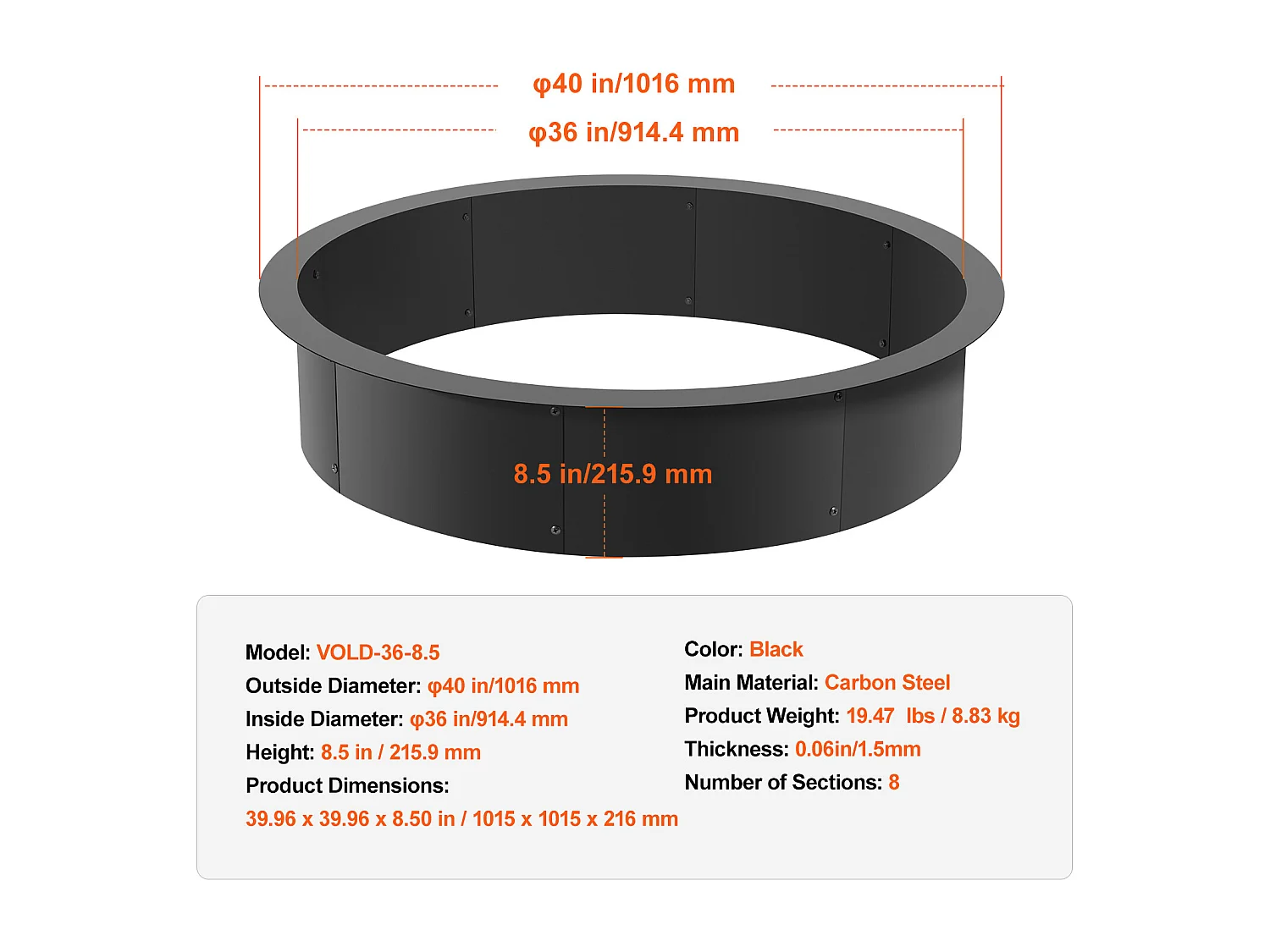 Braséro SucceBuy Anneau de Foyer Rond Acier, Diamètre Extérieur 1016 mm, Intérieur 914,4 mm, pour Camping en Plein Air