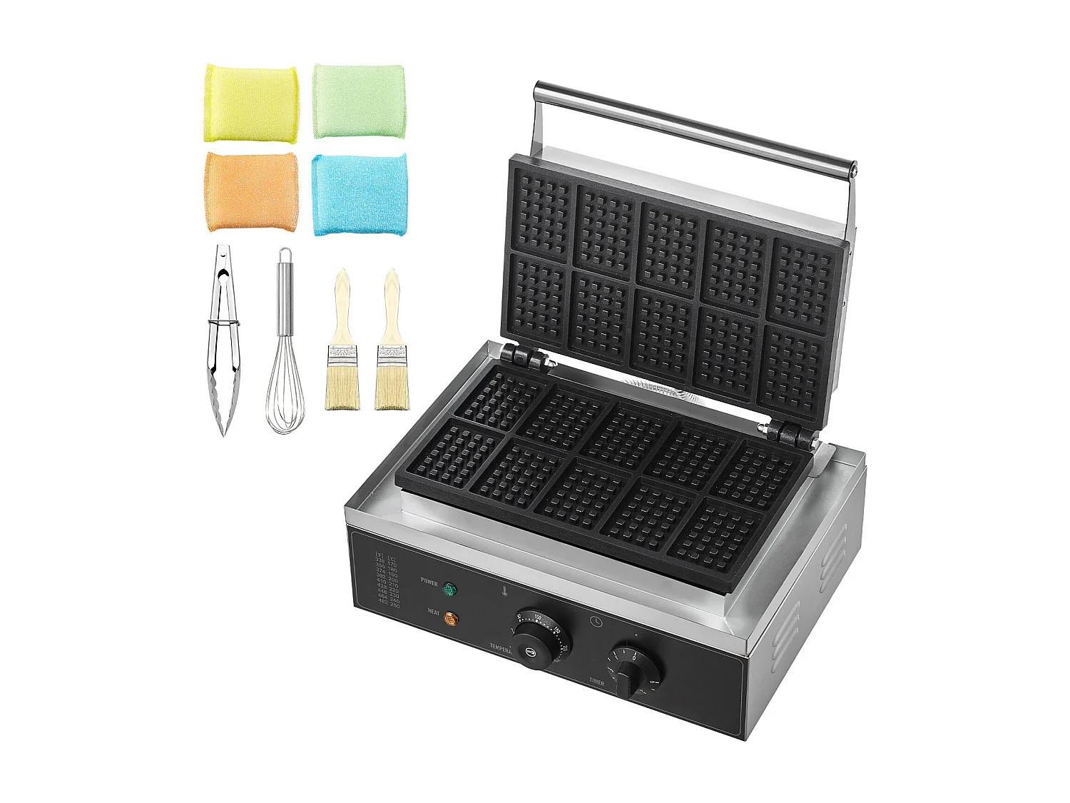 Gaufrier Commercial Rectangulaire SucceBuy 10PCS 1550W, Antiadhésif, en Acier Inoxydable, Contrôle de la Température et du Temps, Poignée