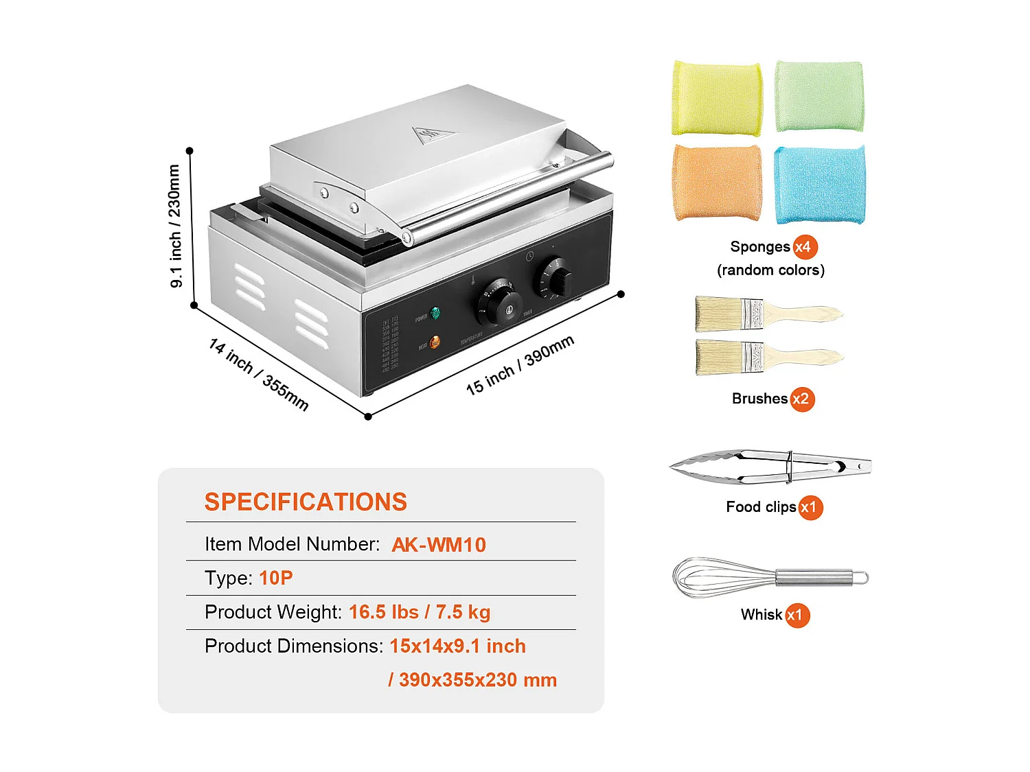 Gaufrier Commercial Rectangulaire SucceBuy 10PCS 1550W, Antiadhésif, en Acier Inoxydable, Contrôle de la Température et du Temps, Poignée