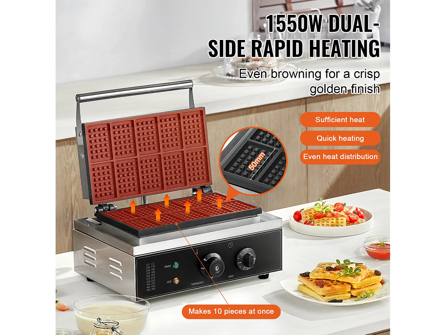 Gaufrier Commercial Rectangulaire SucceBuy 10PCS 1550W, Antiadhésif, en Acier Inoxydable, Contrôle de la Température et du Temps, Poignée