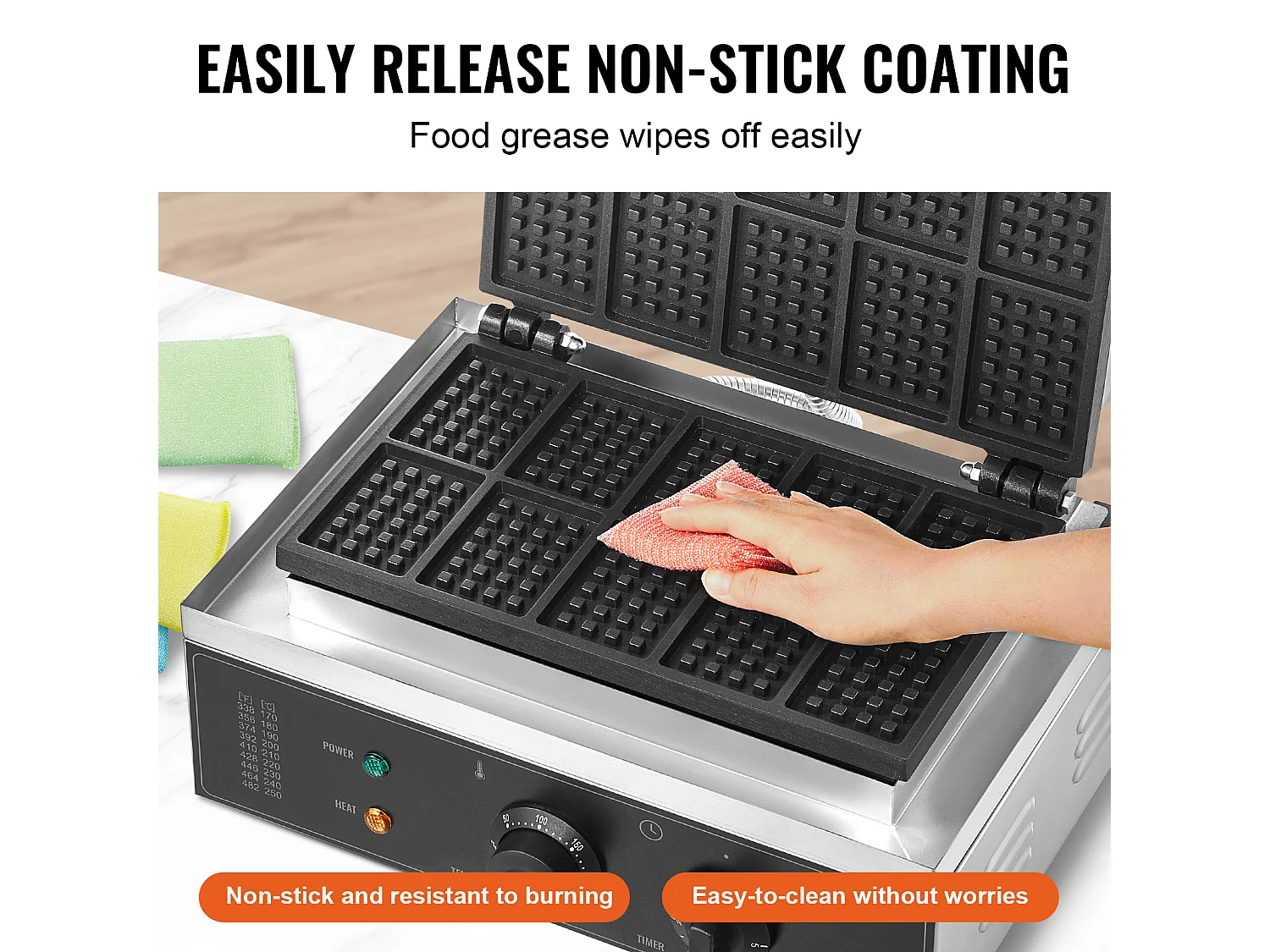 Gaufrier Commercial Rectangulaire SucceBuy 10PCS 1550W, Antiadhésif, en Acier Inoxydable, Contrôle de la Température et du Temps, Poignée