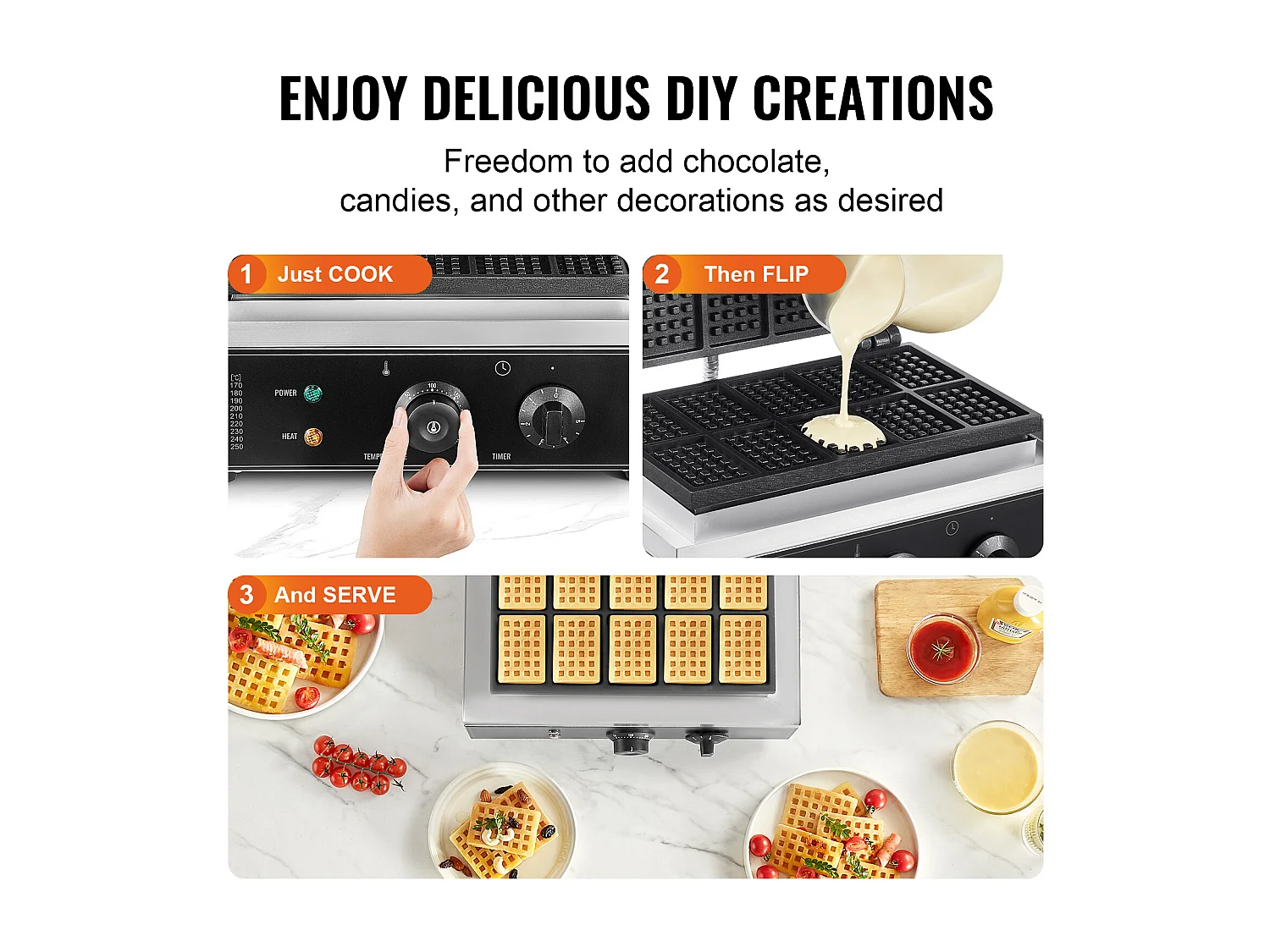 Gaufrier Commercial Rectangulaire SucceBuy 10PCS 1550W, Antiadhésif, en Acier Inoxydable, Contrôle de la Température et du Temps, Poignée