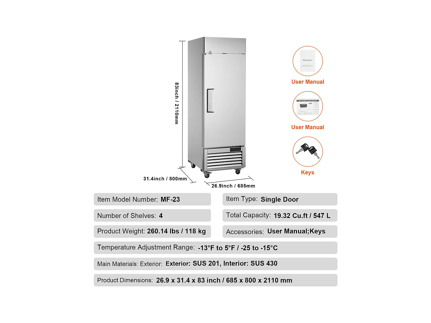 Congélateur Commercial SucceBuy de 570 L, Vertical, 1 Porte, 3 Tablettes