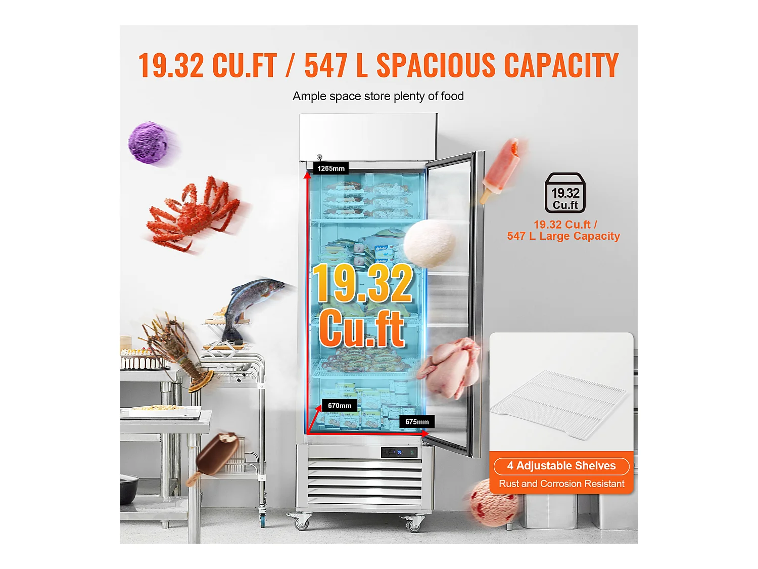 Congélateur Commercial SucceBuy de 570 L, Vertical, 1 Porte, 3 Tablettes