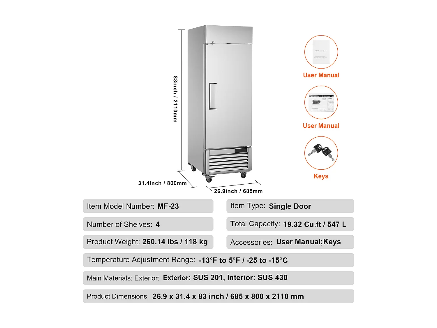 Congélateur Commercial SucceBuy de 570 L, Vertical, 1 Porte, 3 Tablettes