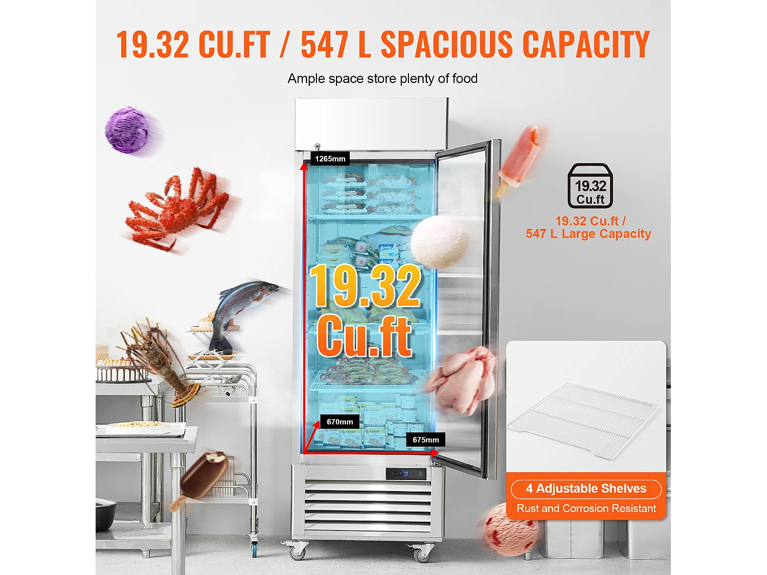 Congélateur Commercial SucceBuy de 570 L, Vertical, 1 Porte, 3 Tablettes