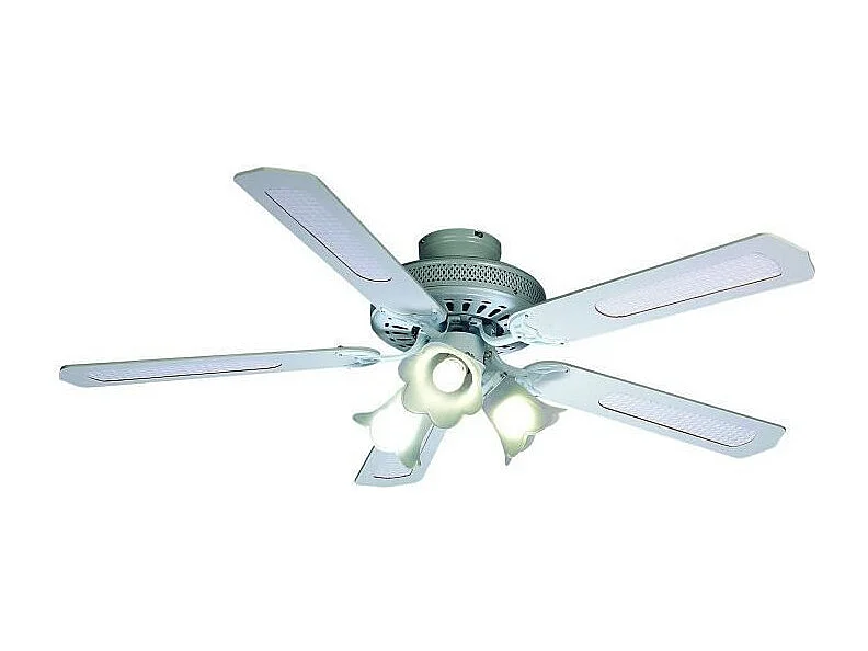 FARELEK - BALEARES O 132 cm - Ventilateur de plafond reversible, 5 pales blanches / cannees blanches + eclairage