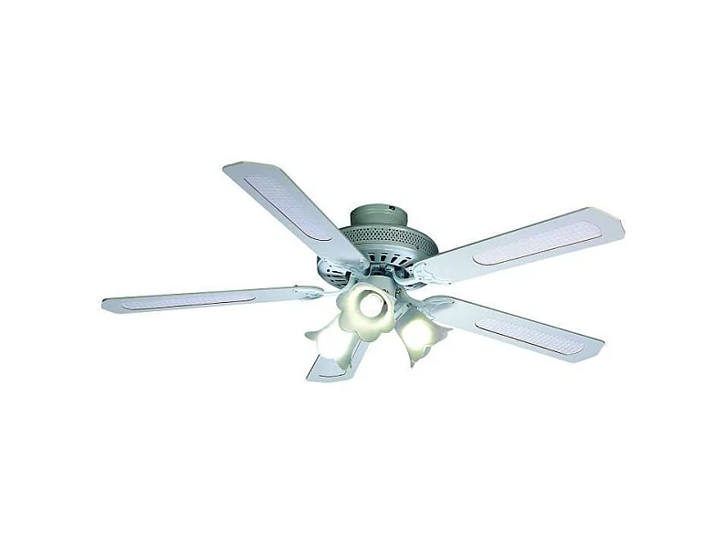 FARELEK - BALEARES O 132 cm - Ventilateur de plafond reversible, 5 pales blanches / cannees blanches + eclairage