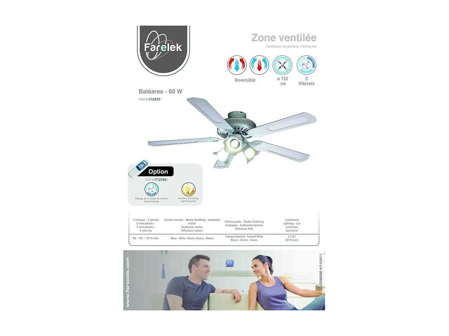 FARELEK - BALEARES O 132 cm - Ventilateur de plafond reversible, 5 pales blanches / cannees blanches + eclairage