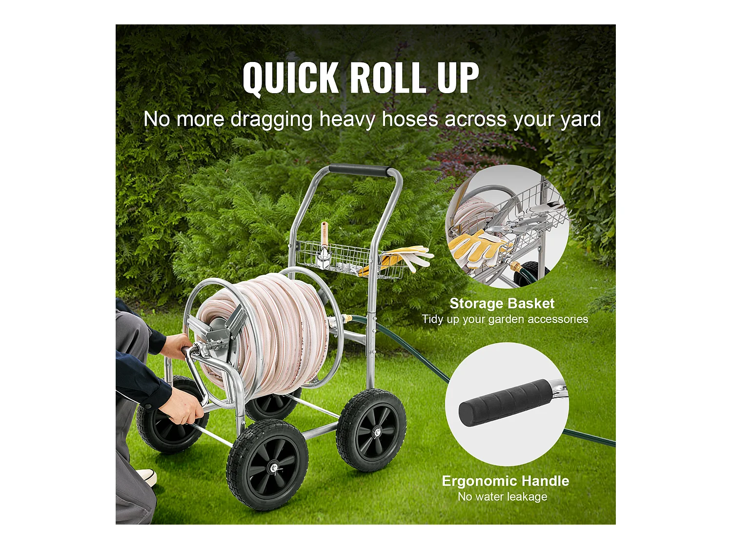 Dévidoir Chariot SucceBuy Chariot Enrouleur de Tuyau 76 m, Robuste pour Jardin avec Roues