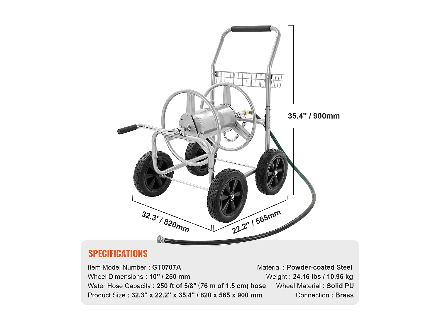 Trolley Haspel SucceBuy Slanghaspelwagen - Geschikt voor Maximaal 76 Meter 1.6 cm Slang. Robuuste Stalen Constructie voor Buitengebruik, 820 x 565 x 900 mm