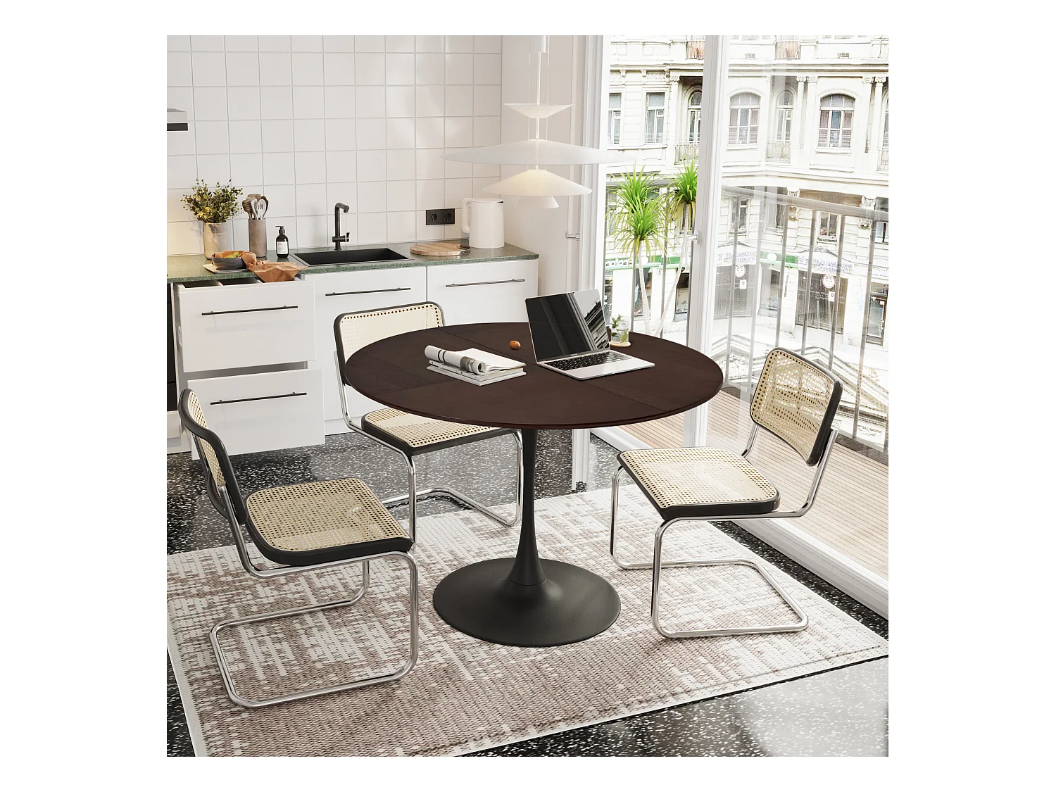 URBAN MEUBLE Table de salle à manger ronde moderne marron effet grain de bois structure métallique noire 120*120*75cm