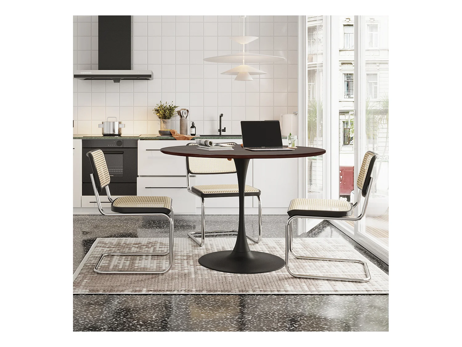 URBAN MEUBLE Table de salle à manger ronde moderne marron effet grain de bois structure métallique noire 120*120*75cm