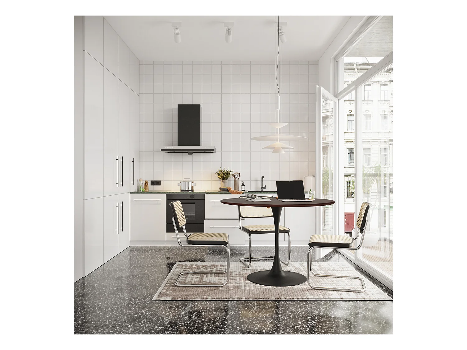 URBAN MEUBLE Table de salle à manger ronde moderne marron effet grain de bois structure métallique noire 120*120*75cm