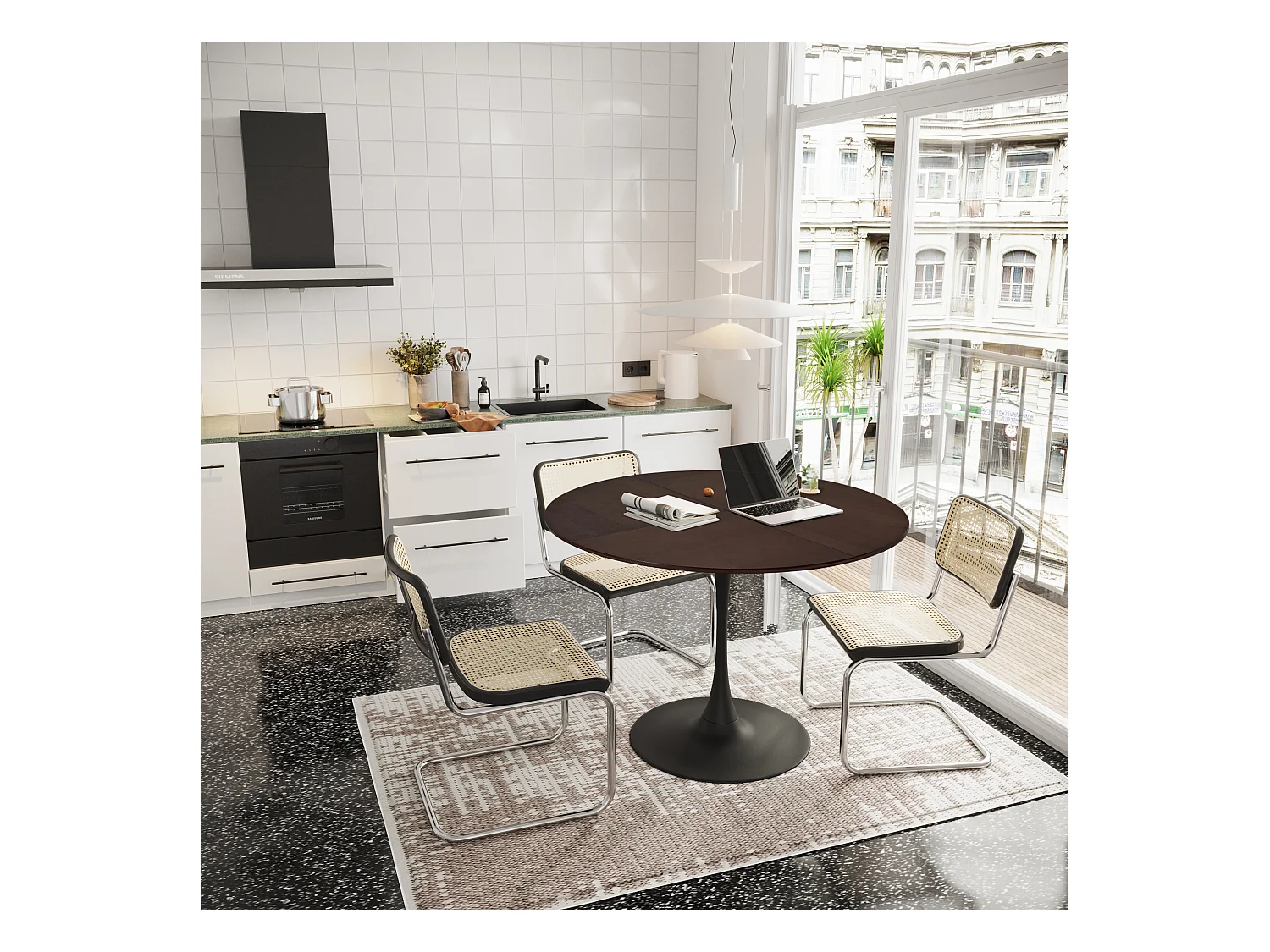 URBAN MEUBLE Table de salle à manger ronde moderne marron effet grain de bois structure métallique noire 120*120*75cm