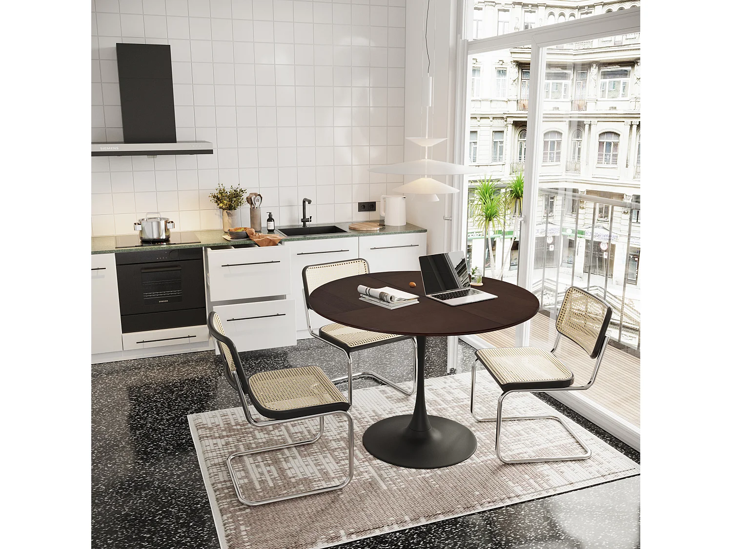 URBAN MEUBLE Table de salle à manger ronde moderne marron effet grain de bois structure métallique noire 120*120*75cm