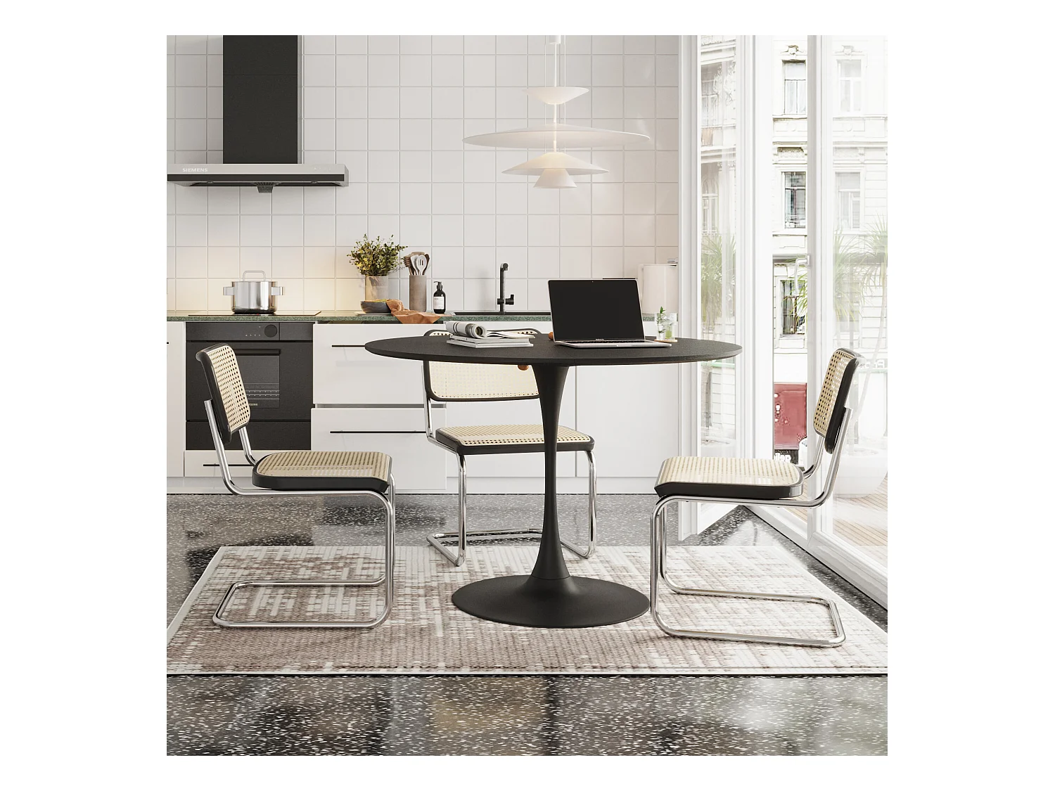 URBAN MEUBLE Table de salle à manger ronde moderne effet grain de bois noir structure métallique 120*120*75cm