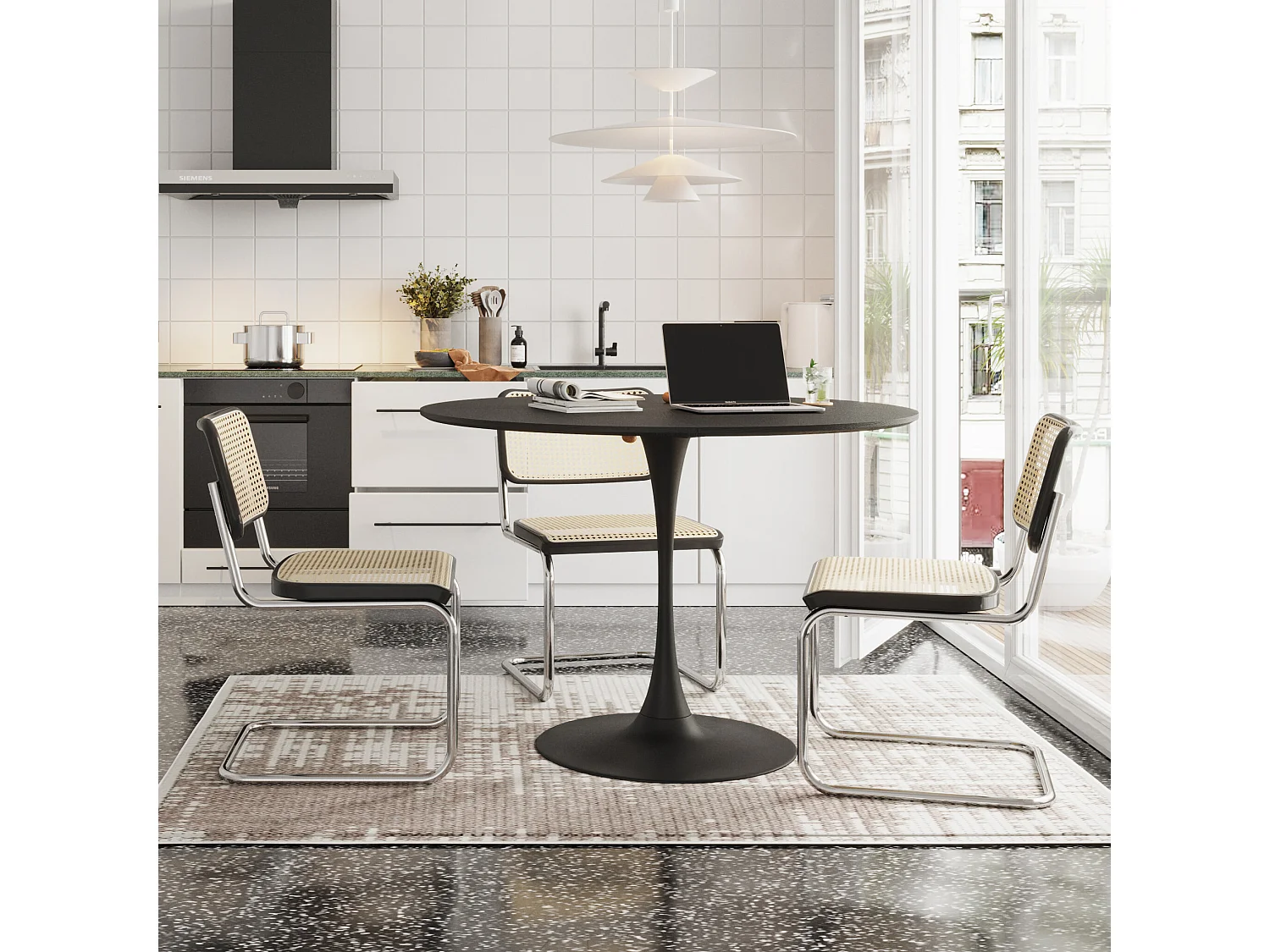 URBAN MEUBLE Table de salle à manger ronde moderne effet grain de bois noir structure métallique 120*120*75cm