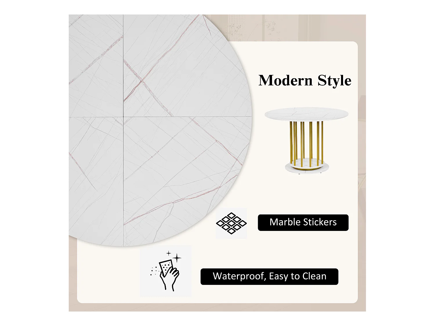 URBAN MEUBLE Table de salle à manger ronde effet marbre blanc avec piètement cylindrique doré