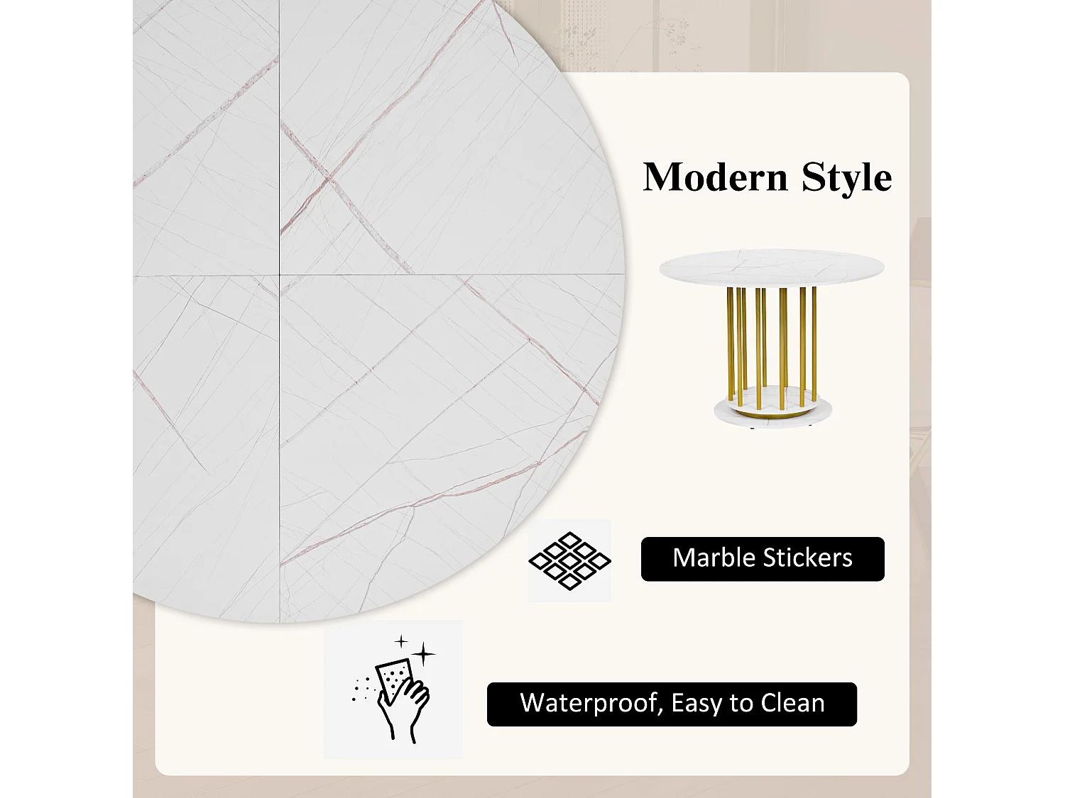 URBAN MEUBLE Table de salle à manger ronde effet marbre blanc avec piètement cylindrique doré