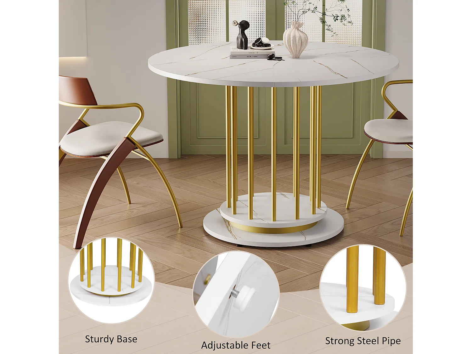 URBAN MEUBLE Table de salle à manger ronde effet marbre blanc avec piètement cylindrique doré