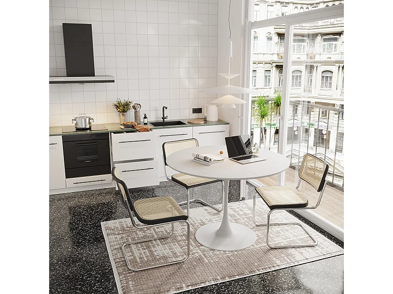 URBAN MEUBLE Table de salle à manger ronde moderne effet grain de bois blanche structure métallique 120*120*75cm