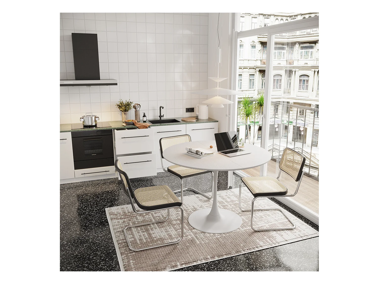 URBAN MEUBLE Table de salle à manger ronde moderne effet grain de bois blanche structure métallique 120*120*75cm