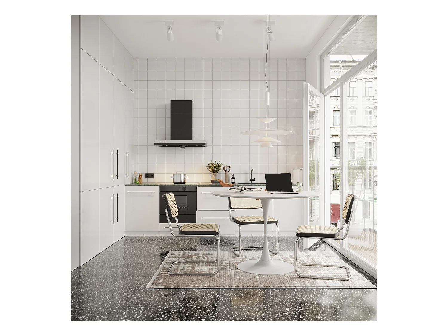 URBAN MEUBLE Table de salle à manger ronde moderne effet grain de bois blanche structure métallique 120*120*75cm