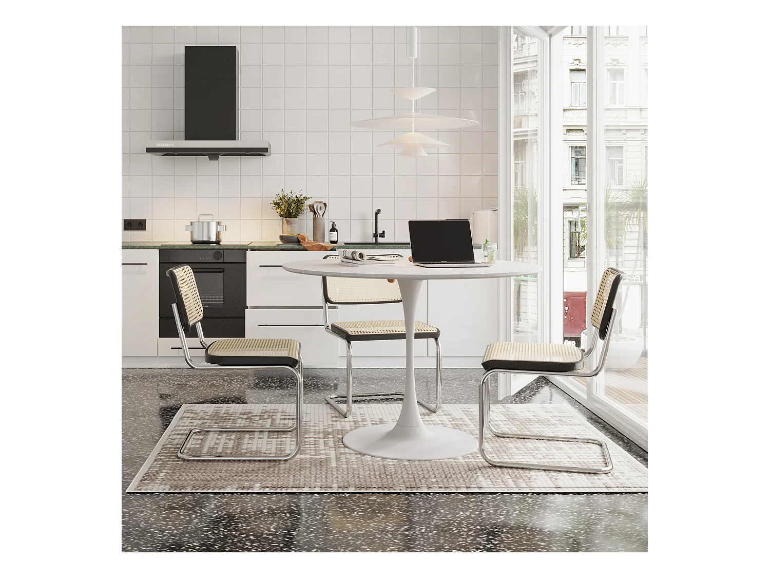 URBAN MEUBLE Table de salle à manger ronde moderne effet grain de bois blanche structure métallique 120*120*75cm