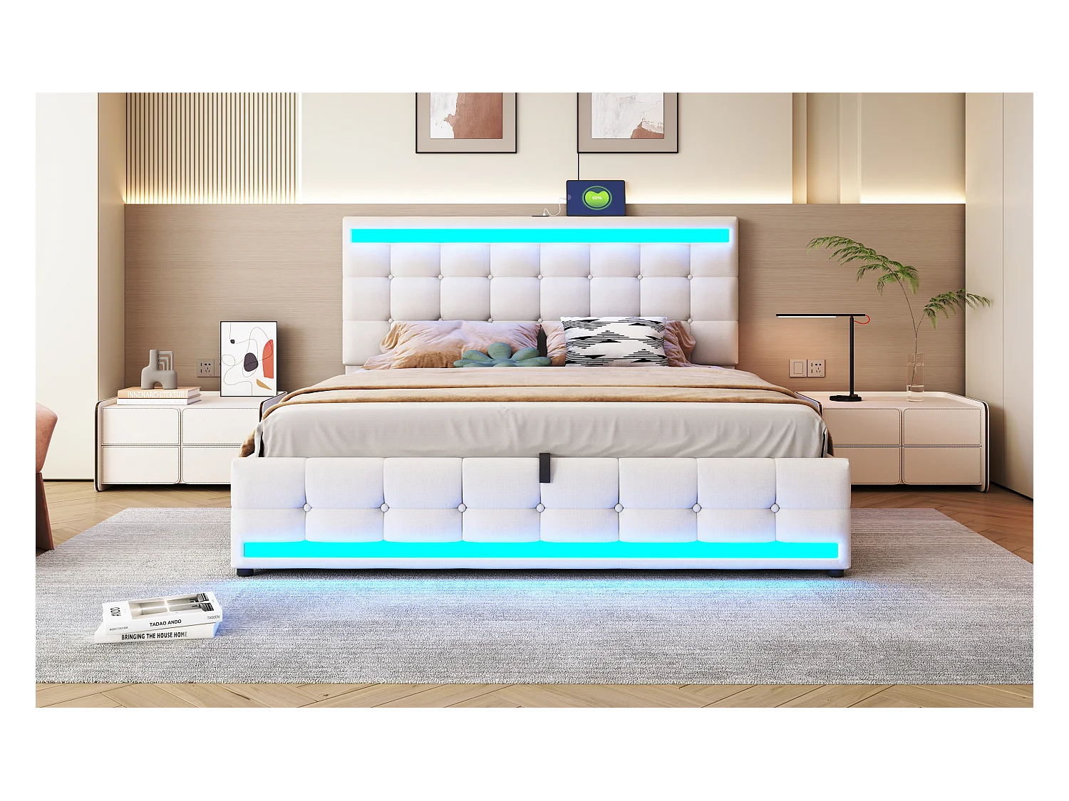 Lit coffre rembourré - 180 x 200 - rangement hydraulique - avec USB + Leds - lin + contreplaqué + MDF - beige