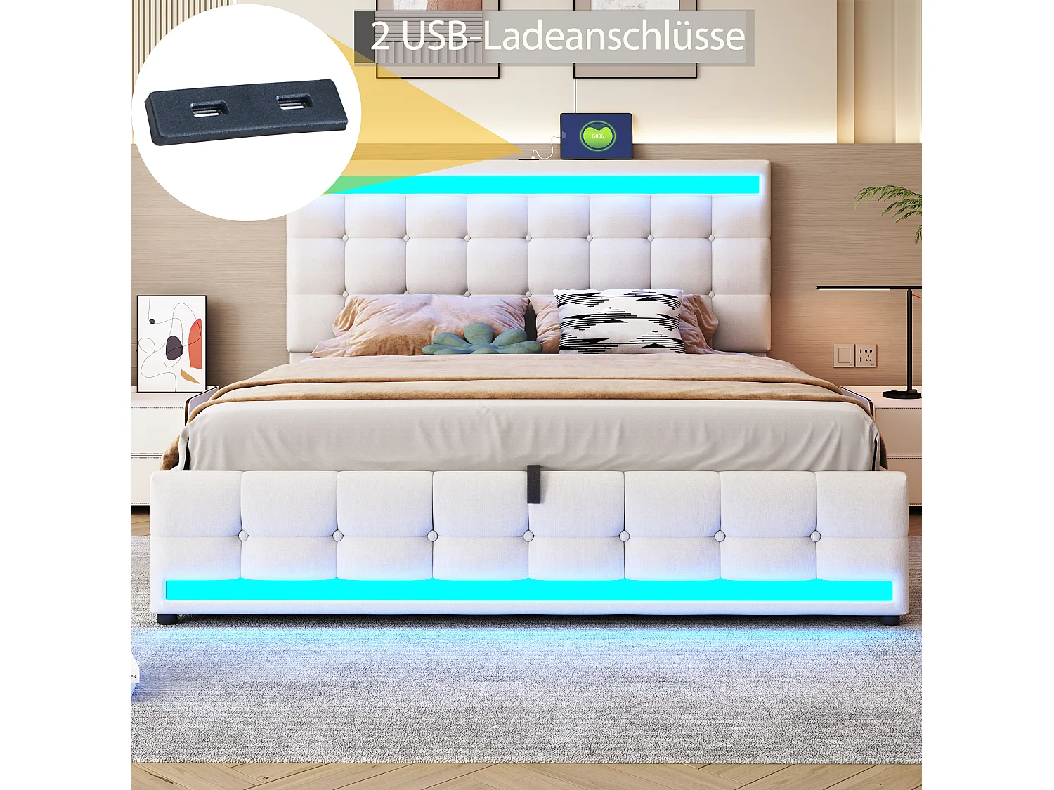 Gepolstertes Bett mit Stauraum – 180 x 200 – hydraulischer Stauraum – mit USB + LEDs – Leinen + Sperrholz + MDF – beige