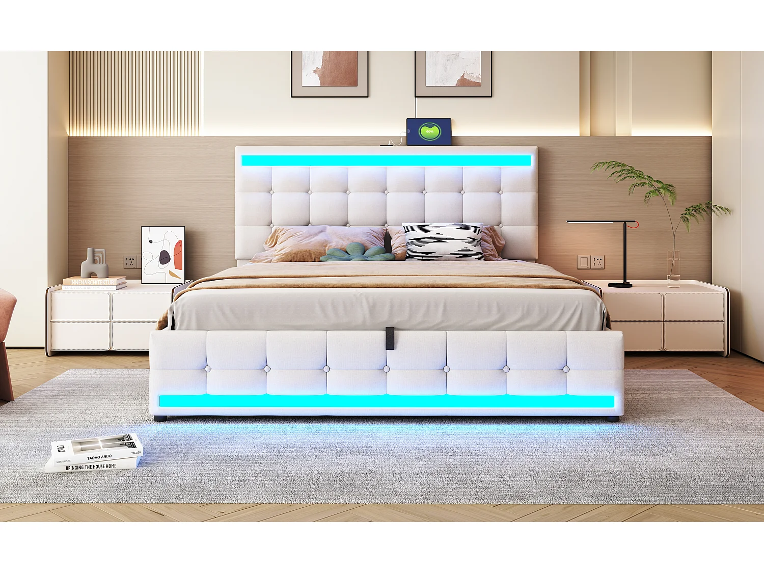 Gepolstertes Bett mit Stauraum – 180 x 200 – hydraulischer Stauraum – mit USB + LEDs – Leinen + Sperrholz + MDF – beige