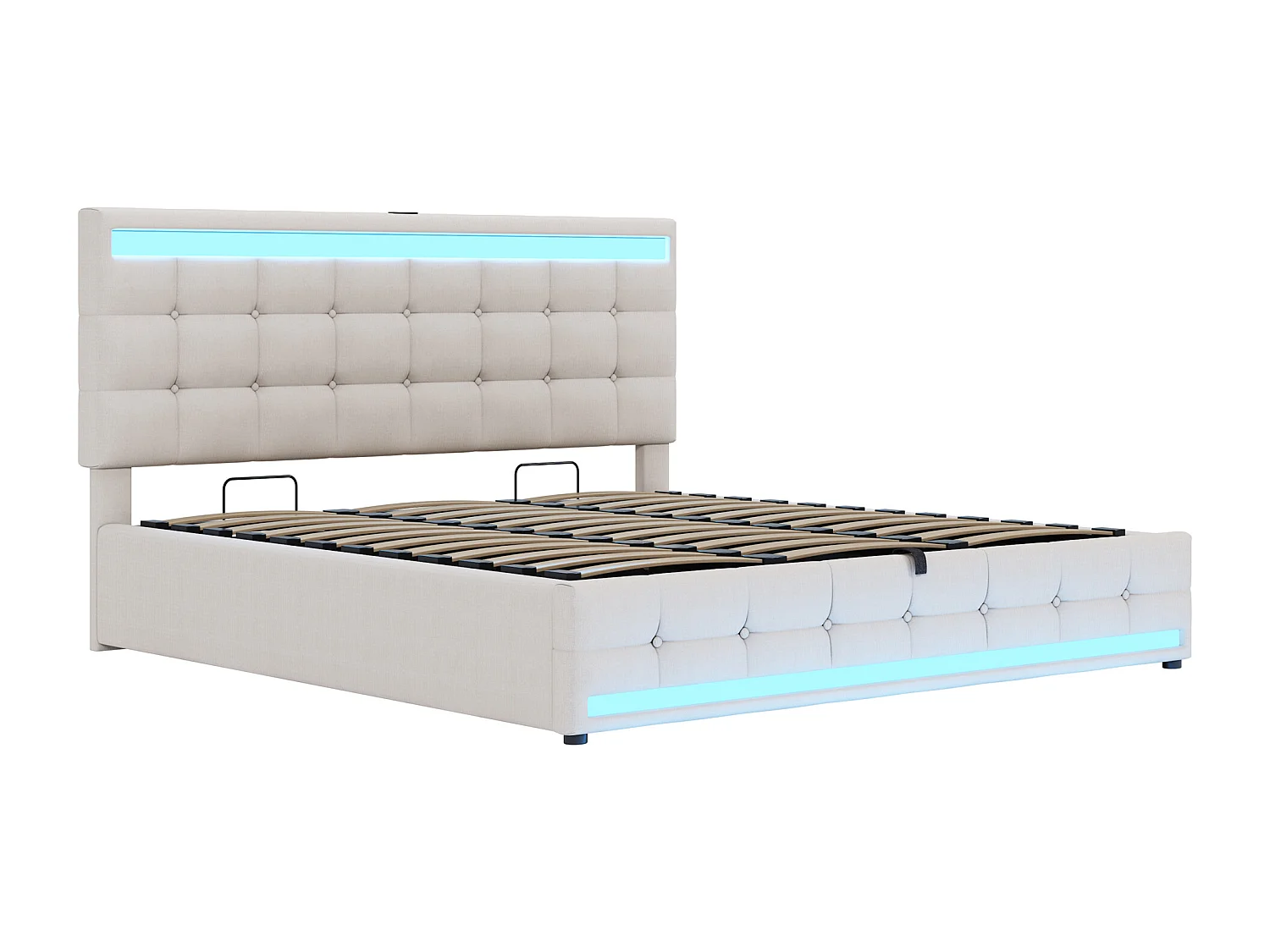 Gepolstertes Bett mit Stauraum – 180 x 200 – hydraulischer Stauraum – mit USB + LEDs – Leinen + Sperrholz + MDF – beige