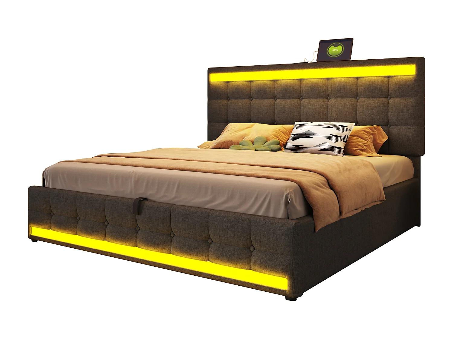 Letto contenitore imbottito - 180 x 200 - contenitore idraulico - con USB + LED - lino + compensato + MDF - grigio