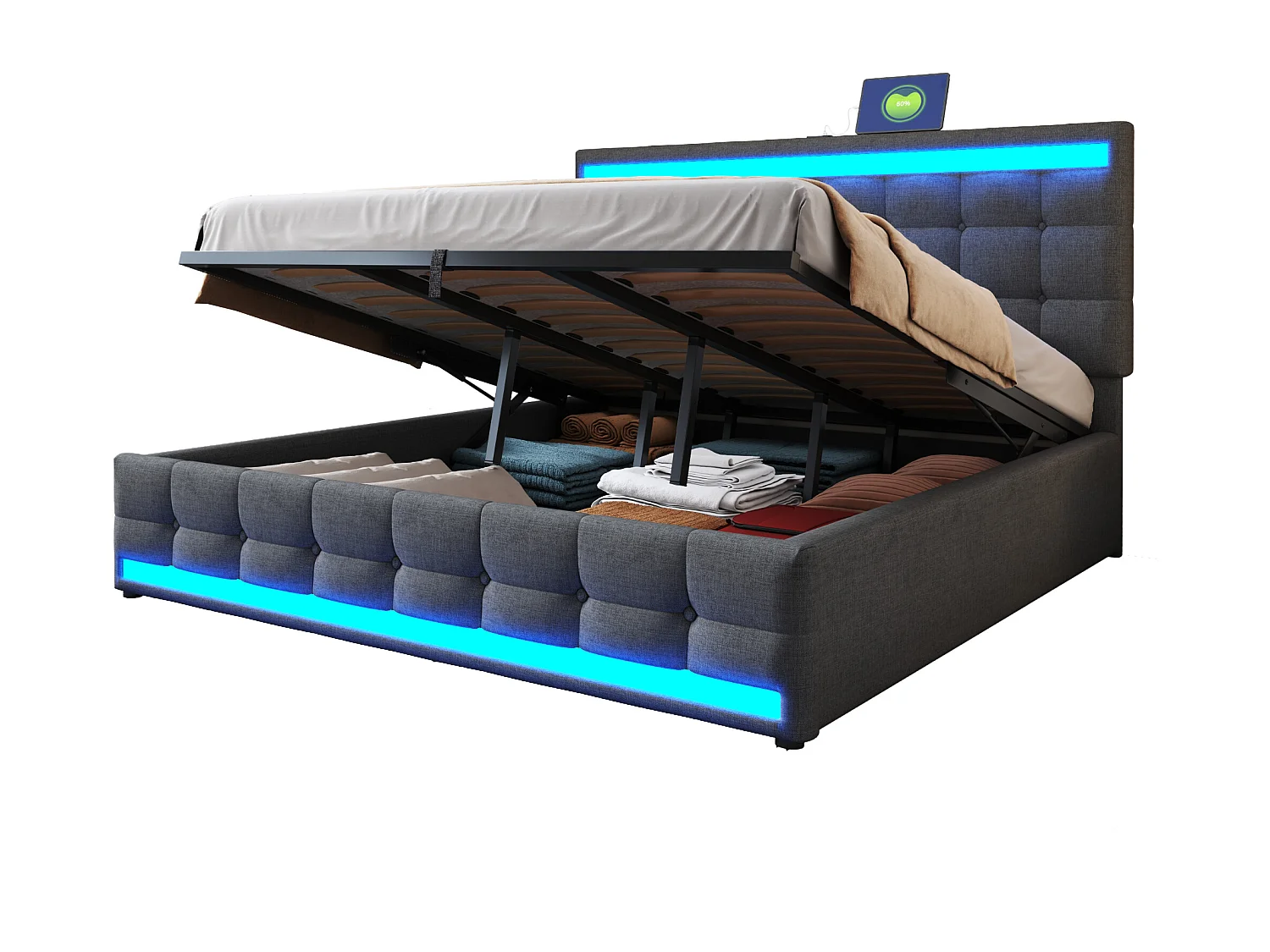 Lit coffre rembourré - 180 x 200 - rangement hydraulique - avec USB + Leds - lin + contreplaqué + MDF - gris