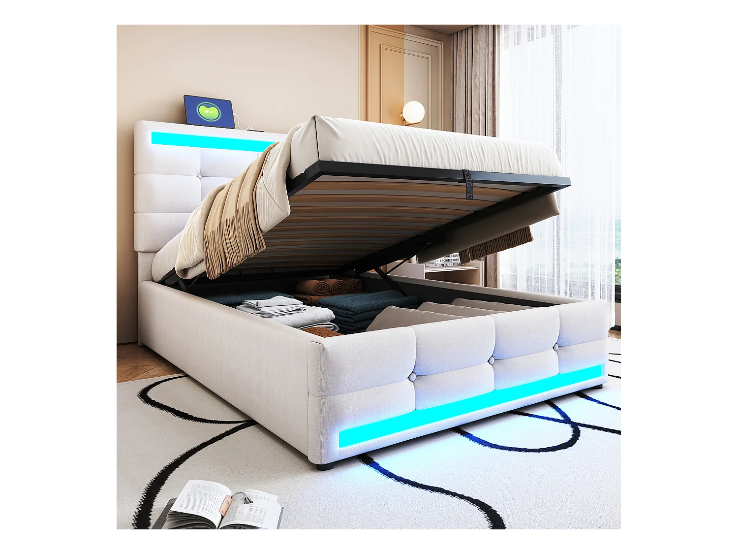 Letto contenitore imbottito - 90 x 200 - contenitore idraulico - con USB + LED - lino + compensato + MDF - beige