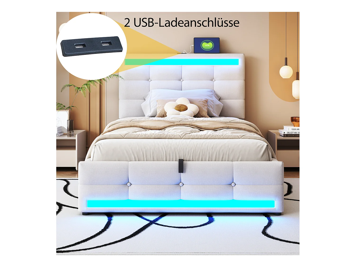 Letto contenitore imbottito - 90 x 200 - contenitore idraulico - con USB + LED - lino + compensato + MDF - beige
