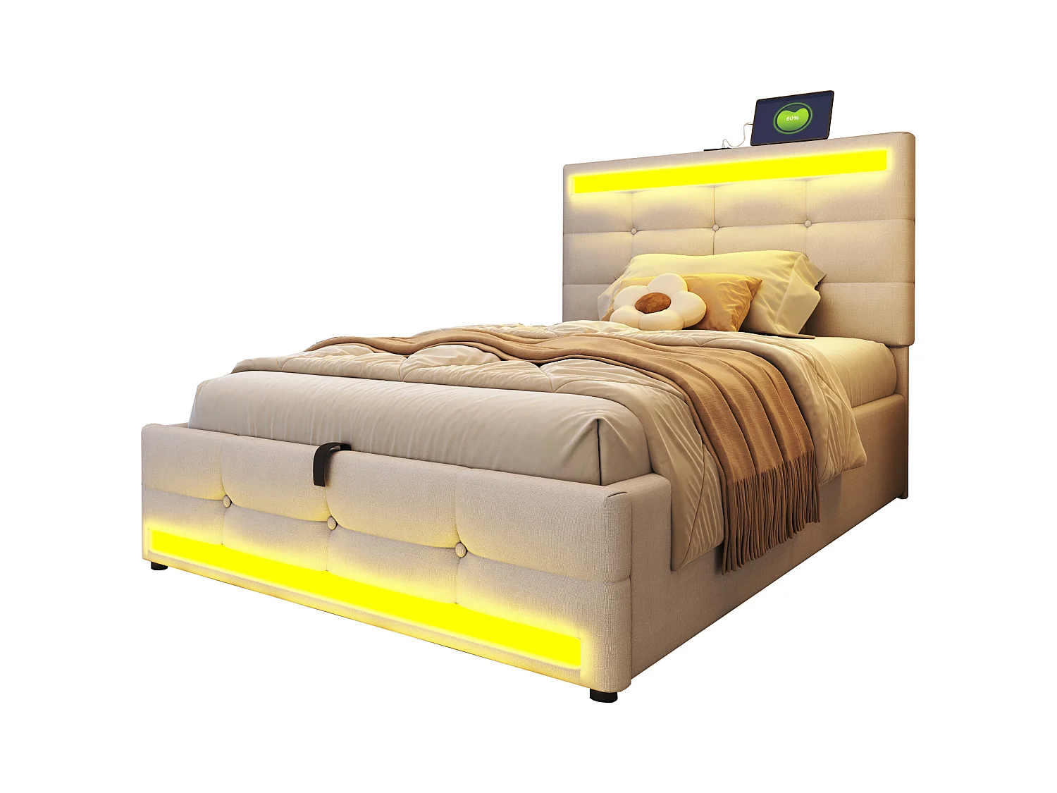 Letto contenitore imbottito - 90 x 200 - contenitore idraulico - con USB + LED - lino + compensato + MDF - beige
