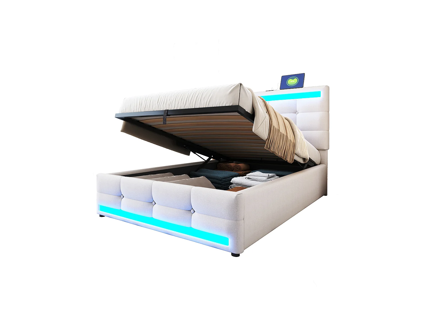 Letto contenitore imbottito - 90 x 200 - contenitore idraulico - con USB + LED - lino + compensato + MDF - beige