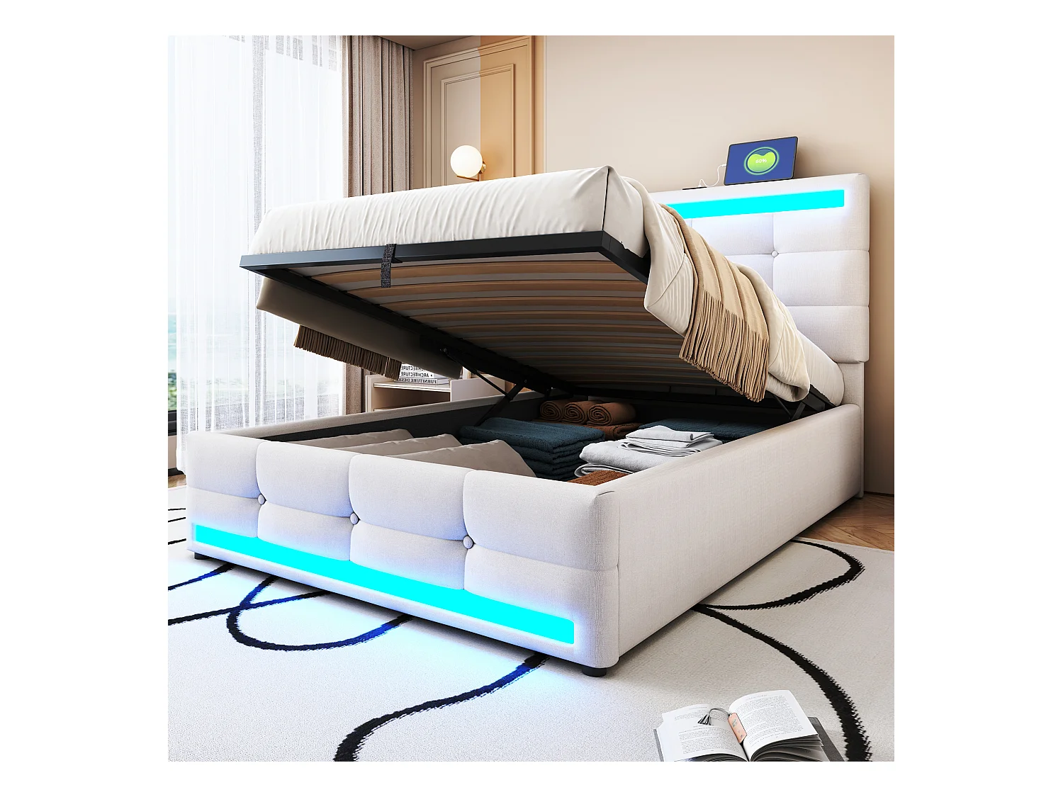 Letto contenitore imbottito - 90 x 200 - contenitore idraulico - con USB + LED - lino + compensato + MDF - beige