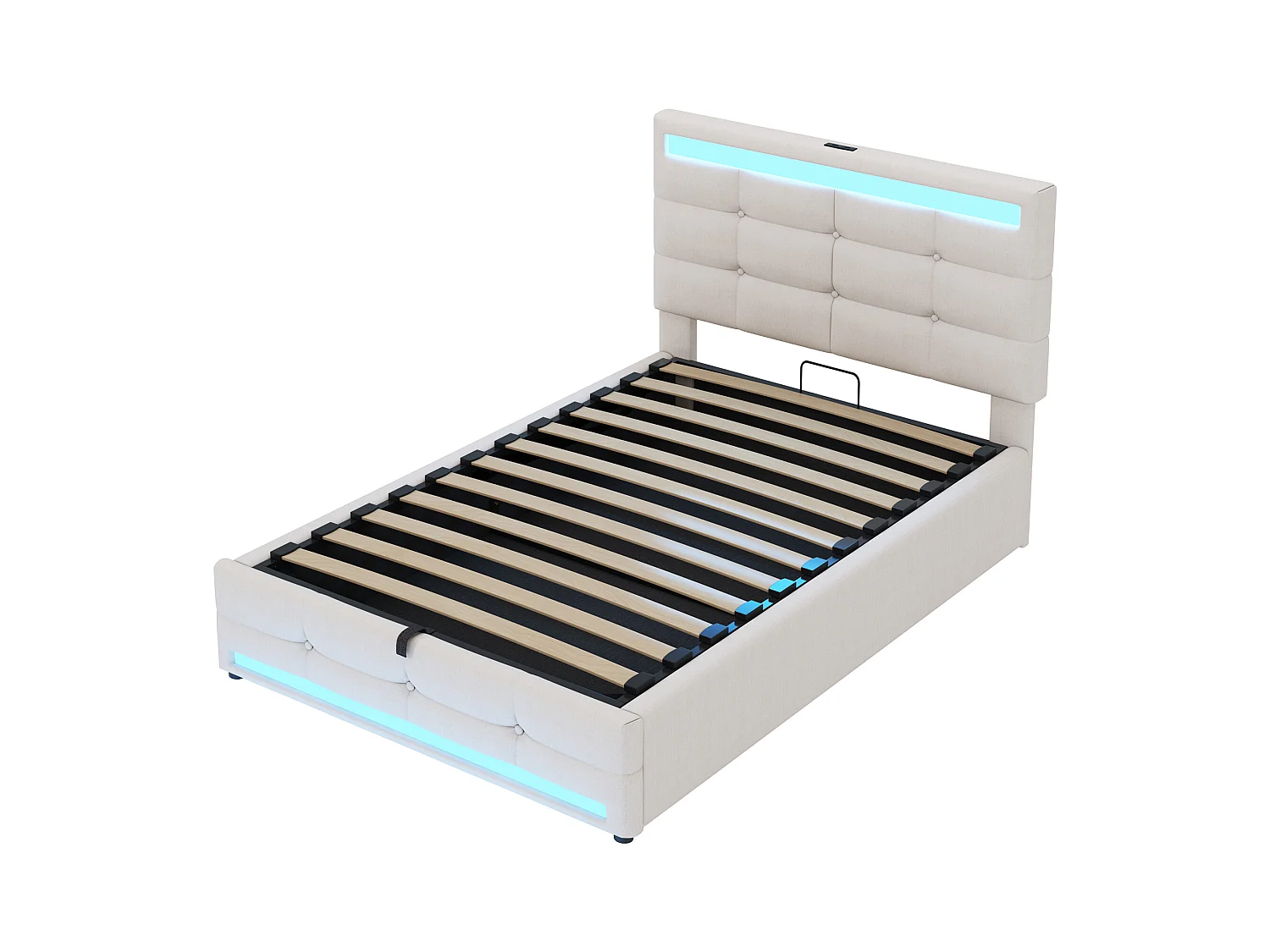 Letto contenitore imbottito - 90 x 200 - contenitore idraulico - con USB + LED - lino + compensato + MDF - beige