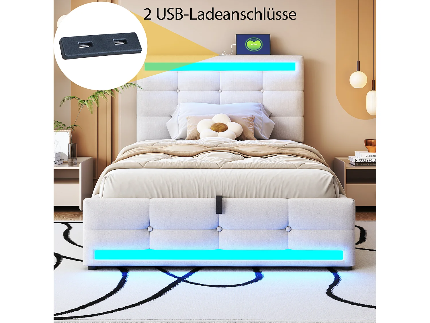 Lit coffre rembourré - 90 x 200 - rangement hydraulique - avec USB + Leds - lin + contreplaqué + MDF - beige