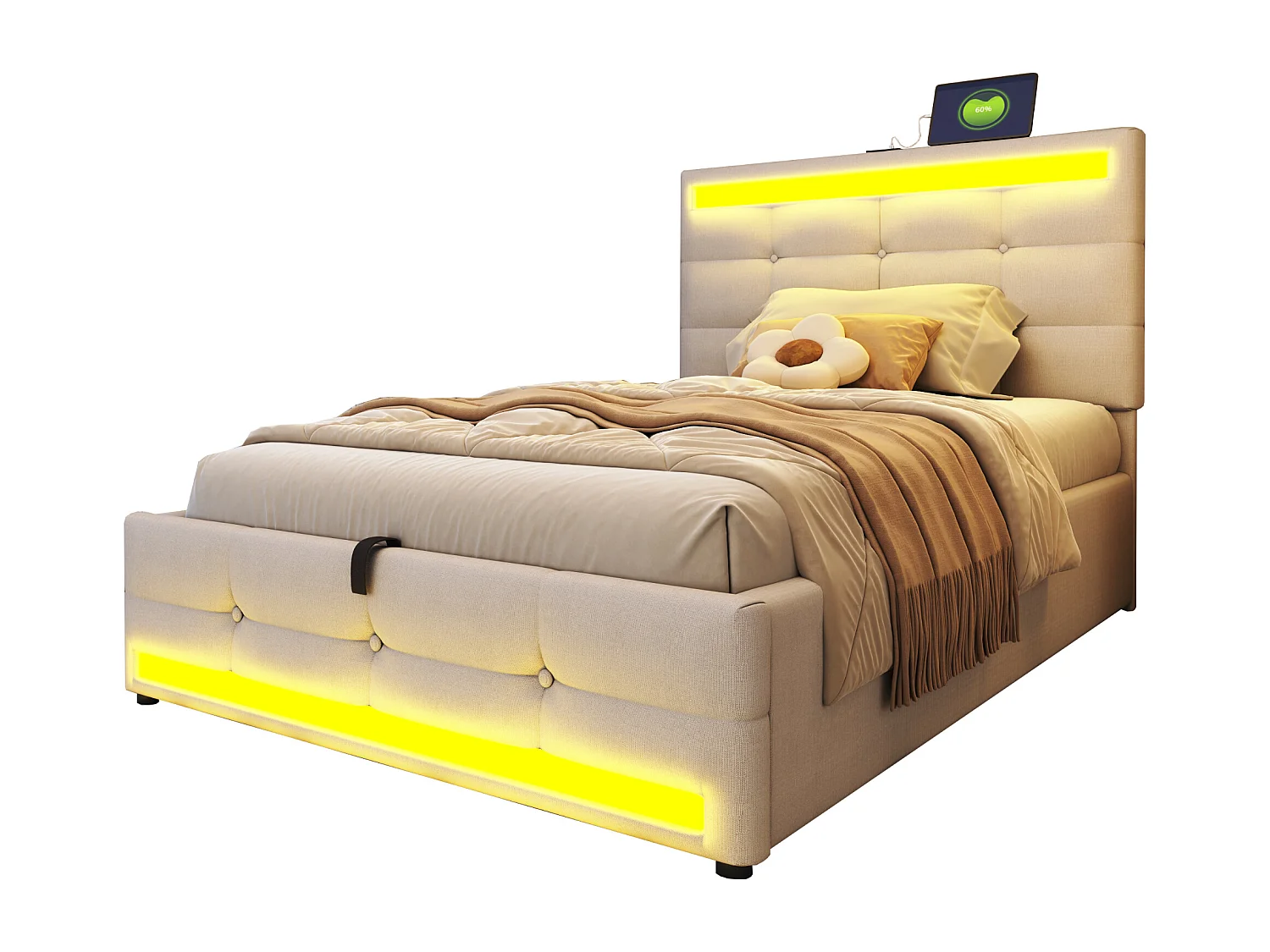 Lit coffre rembourré - 90 x 200 - rangement hydraulique - avec USB + Leds - lin + contreplaqué + MDF - beige