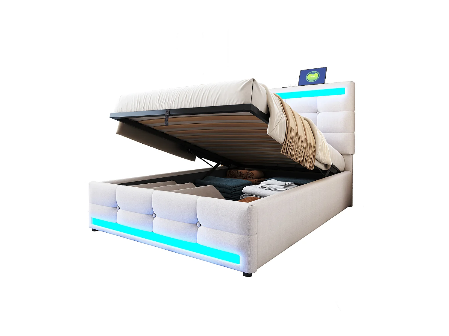 Lit coffre rembourré - 90 x 200 - rangement hydraulique - avec USB + Leds - lin + contreplaqué + MDF - beige