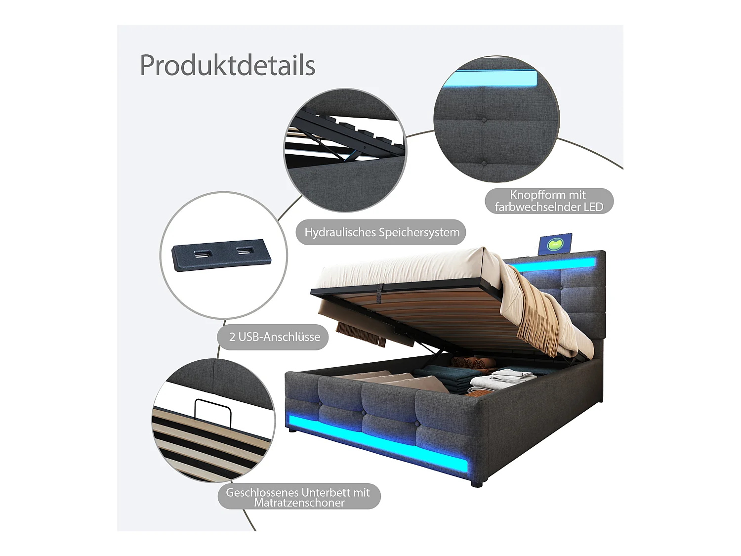 Letto contenitore imbottito - 90 x 200 - contenitore idraulico - con USB + LED - lino + compensato + MDF - grigio