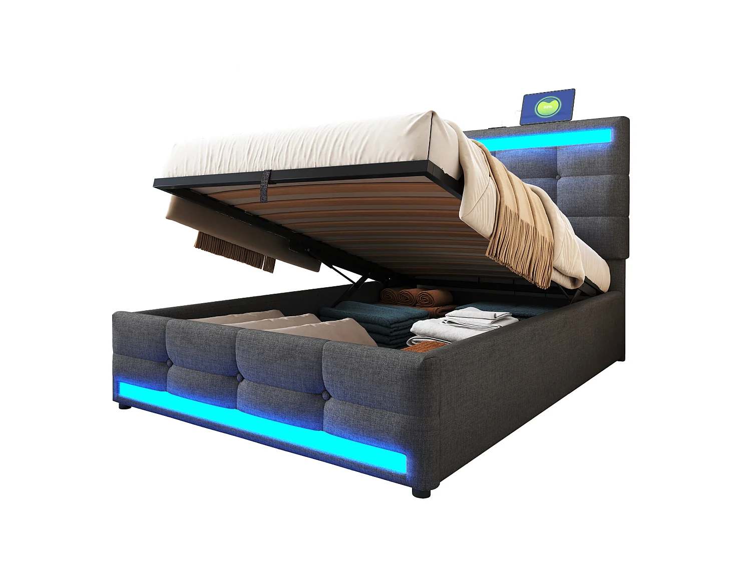 Letto contenitore imbottito - 90 x 200 - contenitore idraulico - con USB + LED - lino + compensato + MDF - grigio