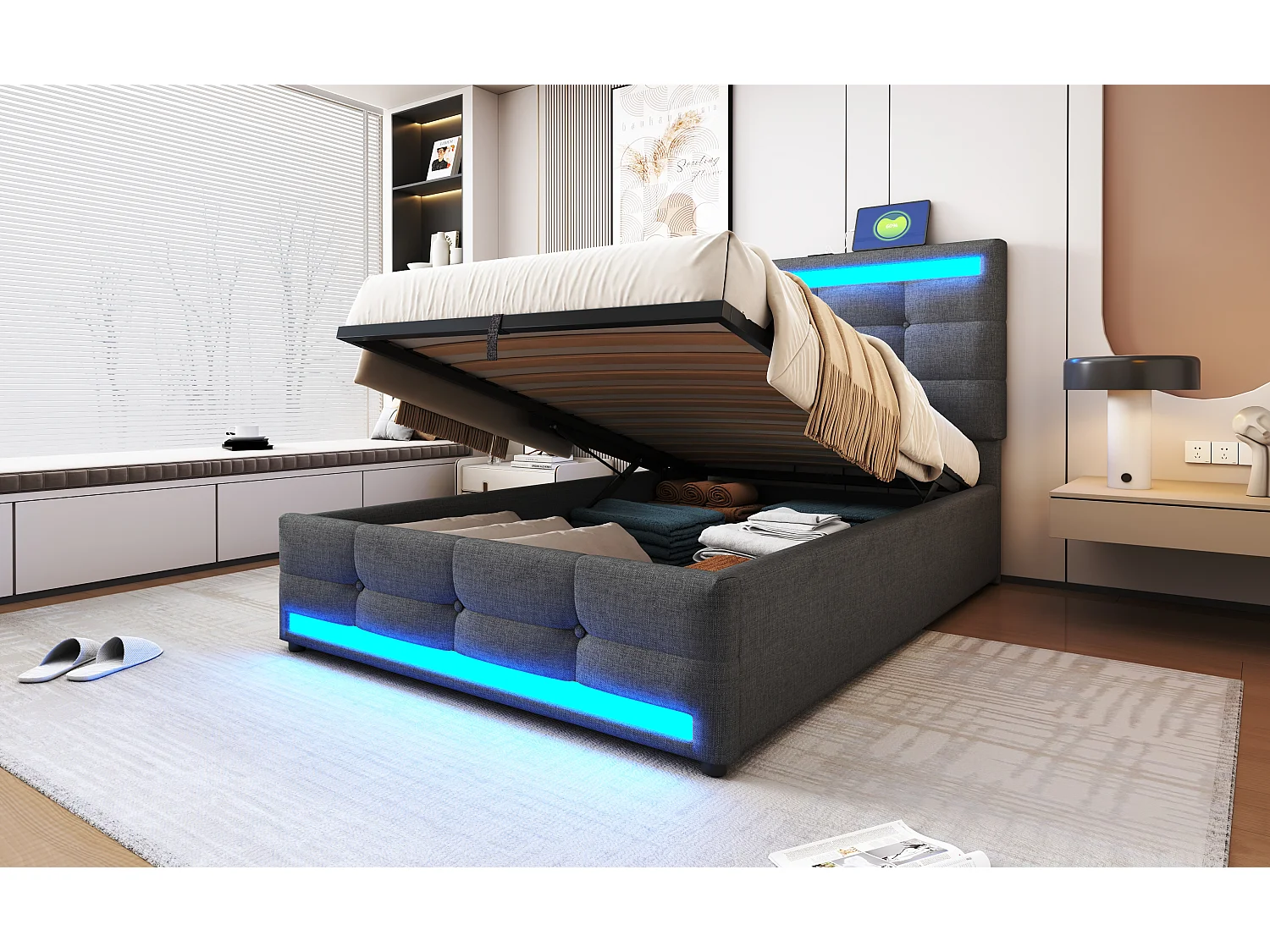 Letto contenitore imbottito - 90 x 200 - contenitore idraulico - con USB + LED - lino + compensato + MDF - grigio