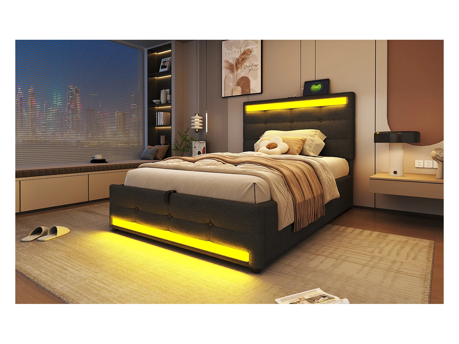 Letto contenitore imbottito - 90 x 200 - contenitore idraulico - con USB + LED - lino + compensato + MDF - grigio